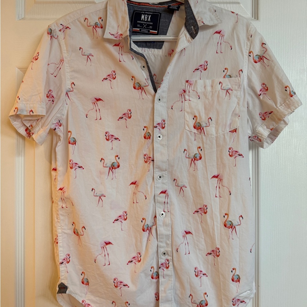 MBX Men's Flamingo Print Casual Shirt - White and Pink